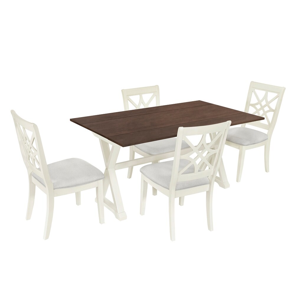 Classic 5 Piece 62*35.2inch Extendable Wood Dining Set with Rectangular Console Table w/ X shape Legs  Upholstered Dining Chairs