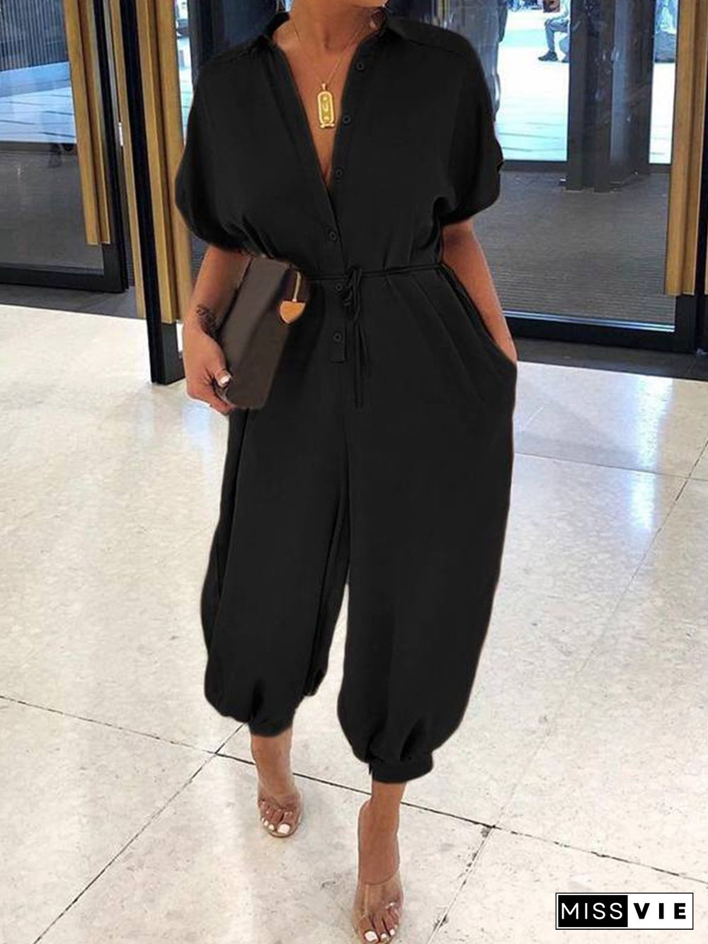 Short Sleeve V Neck Casual Jumpsuits