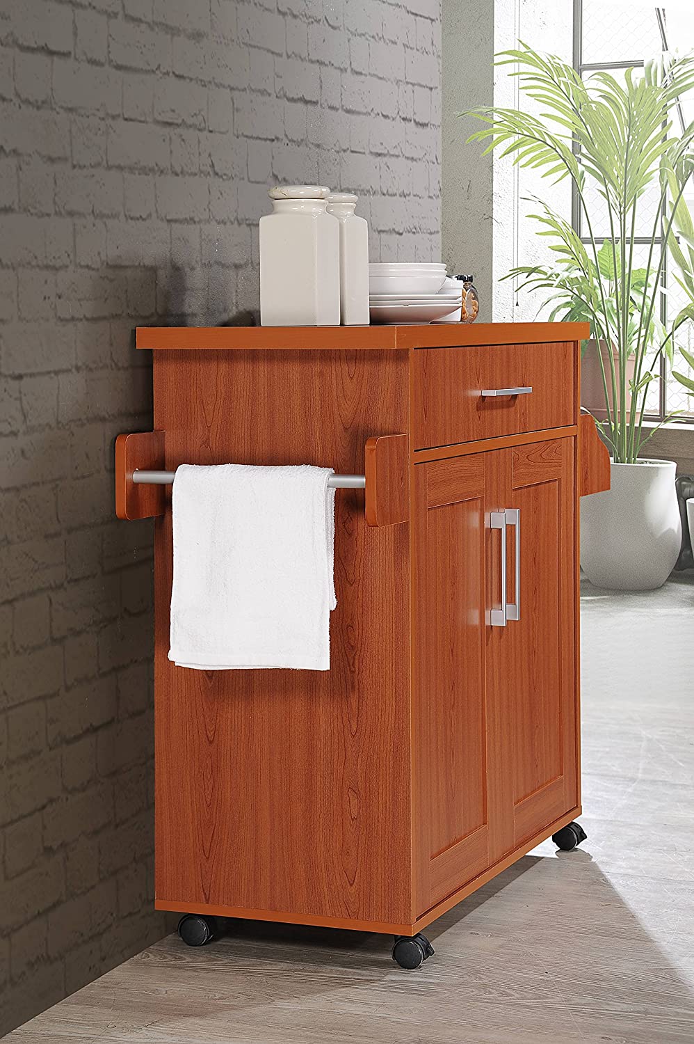 Hodedah Kitchen Island with Spice Rack， Towel Rack and Drawer， Cherry