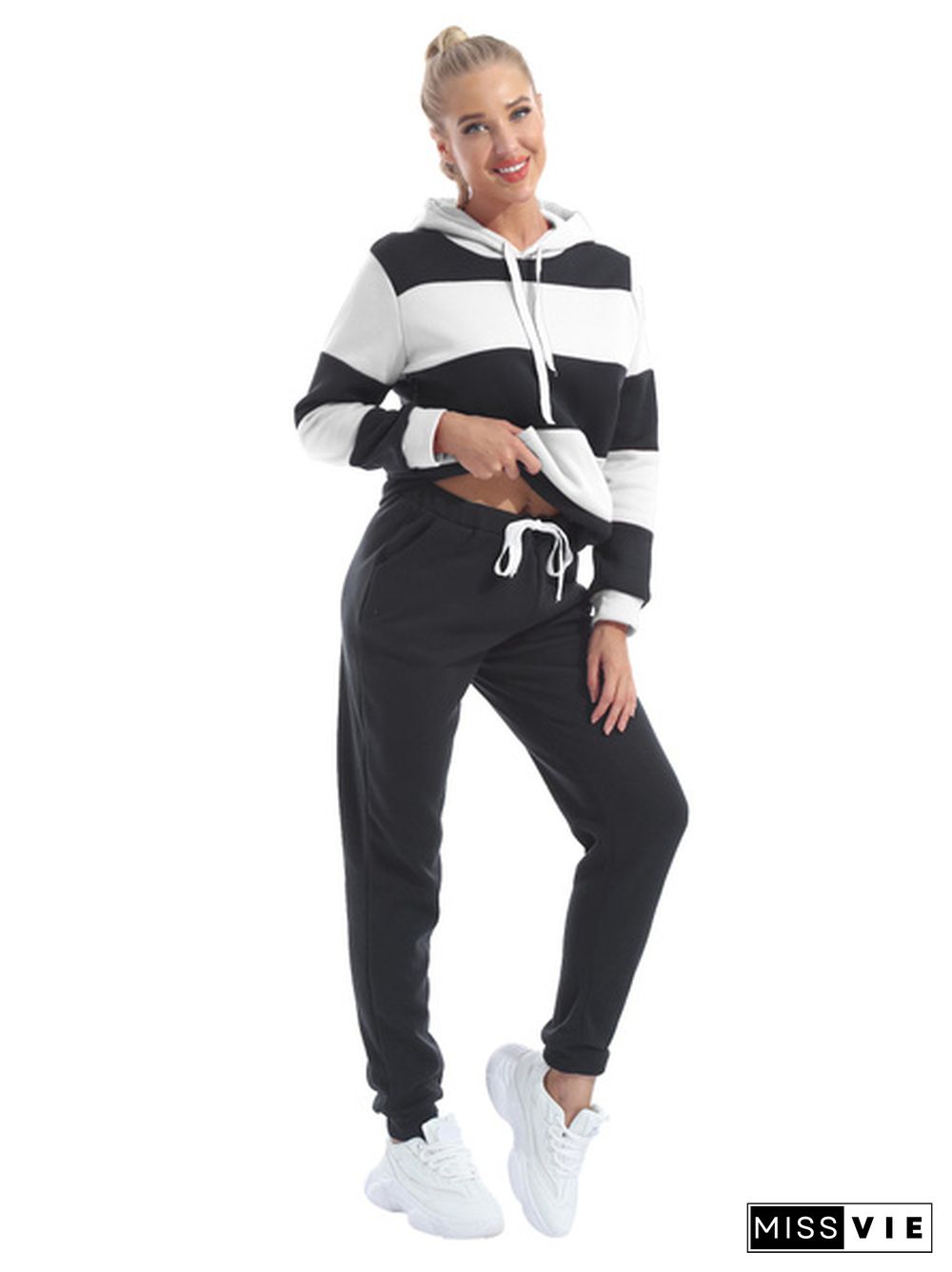 Plus Size Women's Casual Two Piece Outfits Stripes Sweatsuit Tracksuit Pocket Hoodies Sweatshirt Drawstring Pants S-Xxxl