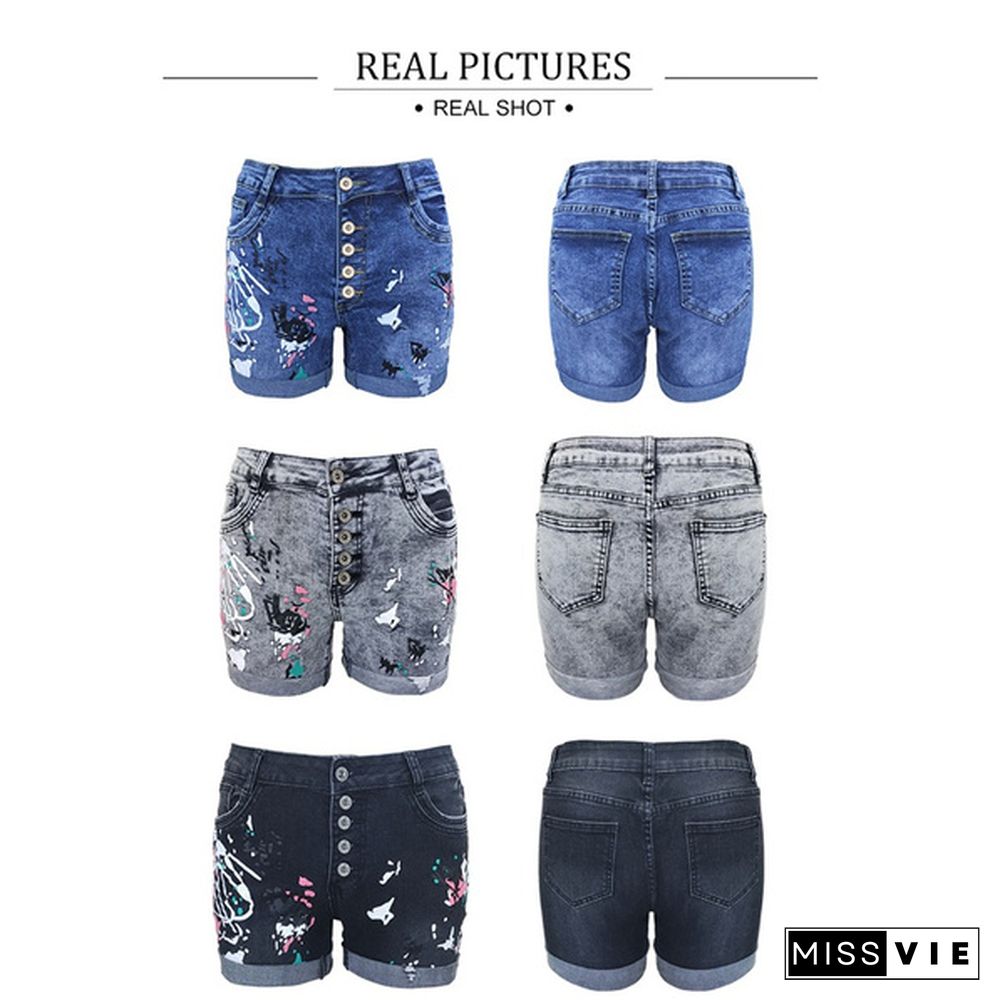 Brand New Plus Size Women's Denim Shorts Washed Printed Jeans Summer Denim Shorts