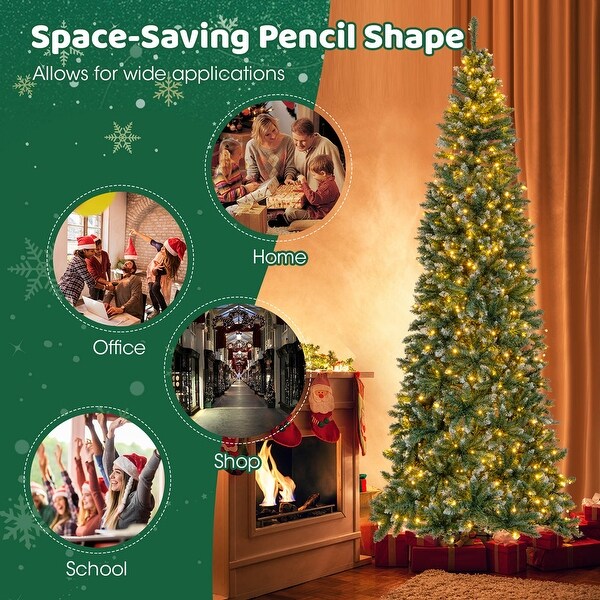 Costway 5FT/6FT/7FT/9FT PreLit Christmas Tree Hinged Slim Pencil Xmas