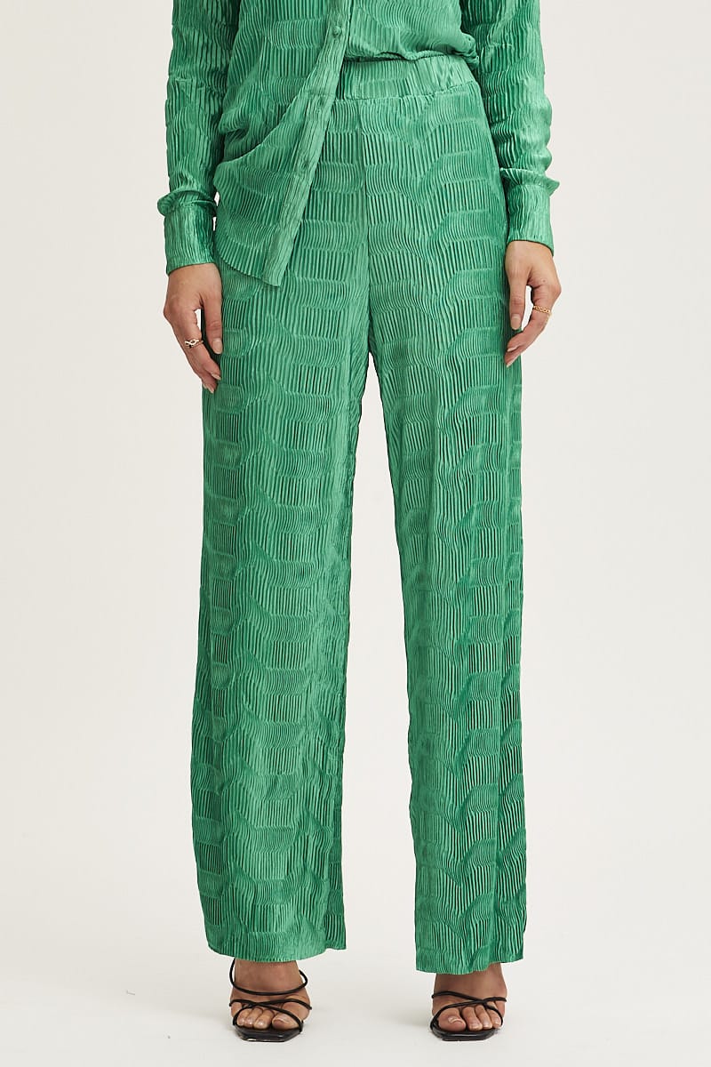 Green Plisse Pants Wide Leg High Rise