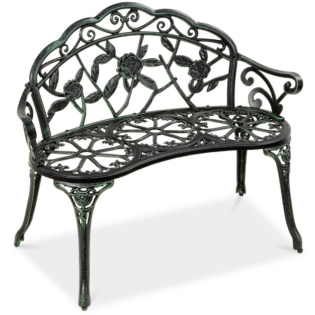 Best Choice Products Outdoor Bench Steel Garden Patio Porch Furniture W Floral Accent Antique Finish