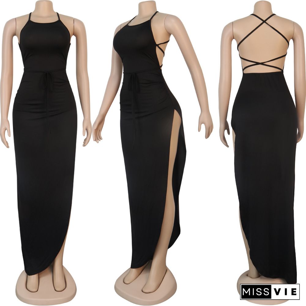 Women Sexy Solid Backless Halter Sling Bandage High Side Slit Slinky Evening Party Long Maxi Dress