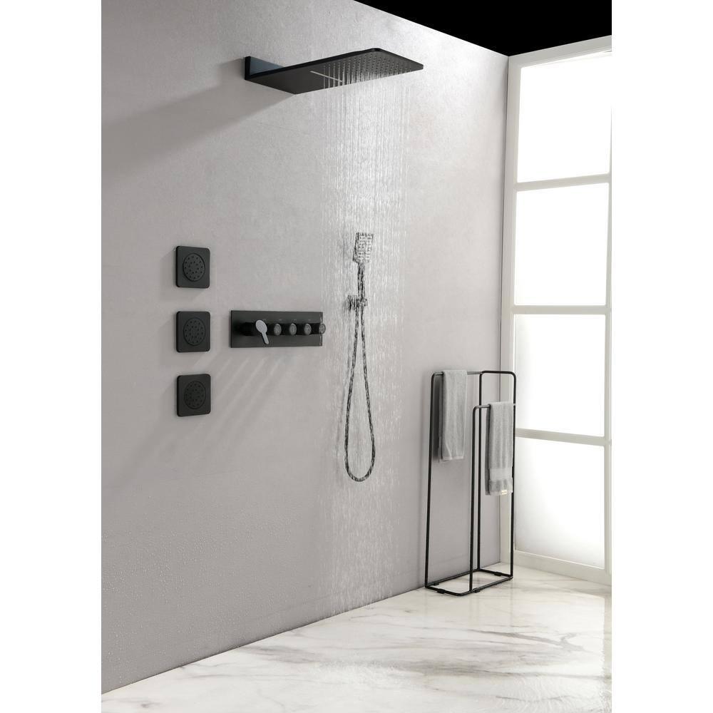 FORCLOVER 3-Spray Waterfall High Pressure Wall Mounted Shower System with 3 Body Sprays and Handheld Shower in Matte Black FRIMFTHS12MB