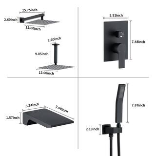 YASINU Single Handle 1-Spray Rain 12 in. Square Bathroom Tub and Shower Faucet in Matte Black (Valve Included) YNSH081-12MB