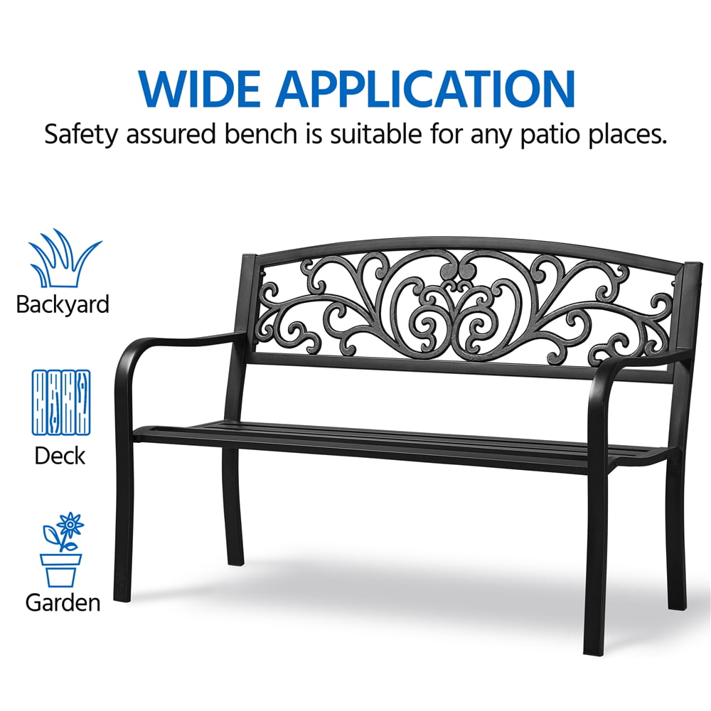 SMILE MART Outdoor Metal Garden Bench with Scroll Pattern, Black