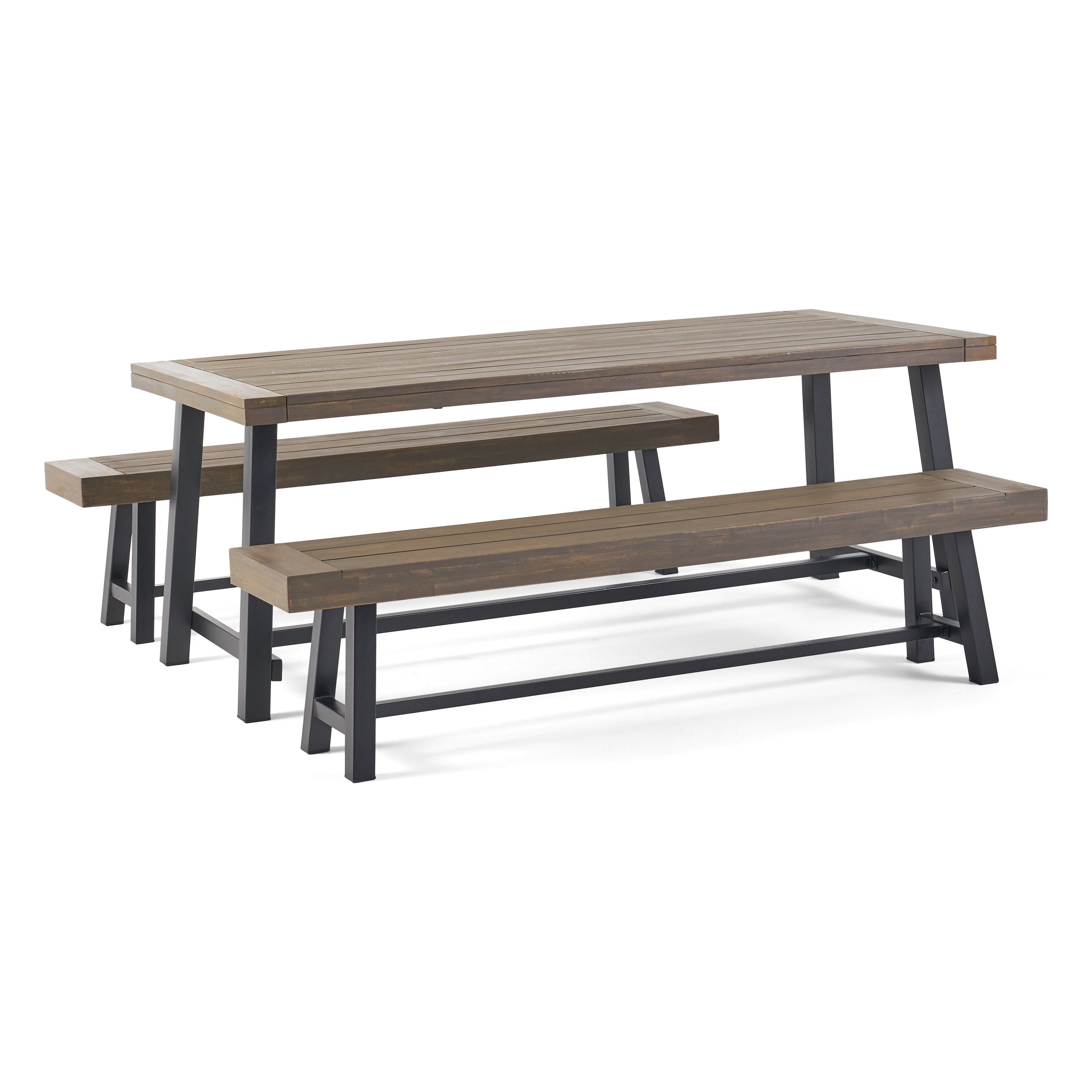 GDF Studio Chilian Outdoor Acacia Wood 3 Piece Picnic Set， Gray and Rustic Metal