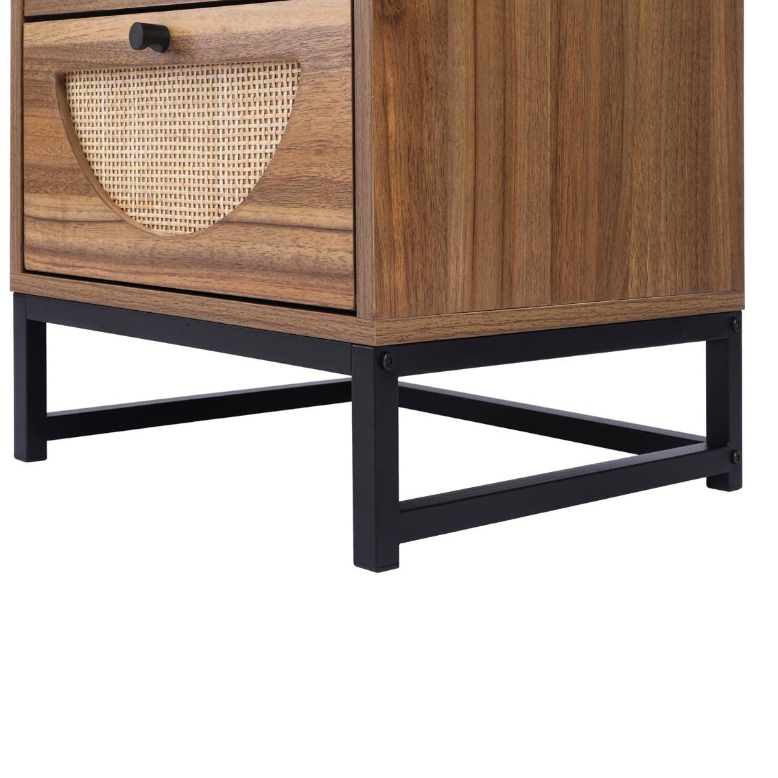 Rattan Nightstand Set of 2 Walnut End Table with 2 Natural Rattan Drawer