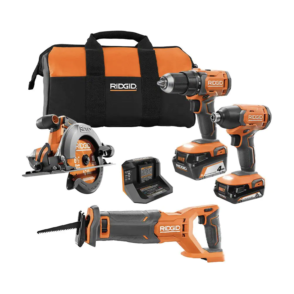 Ridgid 18V Cordless 4-Tool Combo Kit with (1) 4.0 Ah Battery， (1) 2.0 Ah Battery， Charger， and Bag