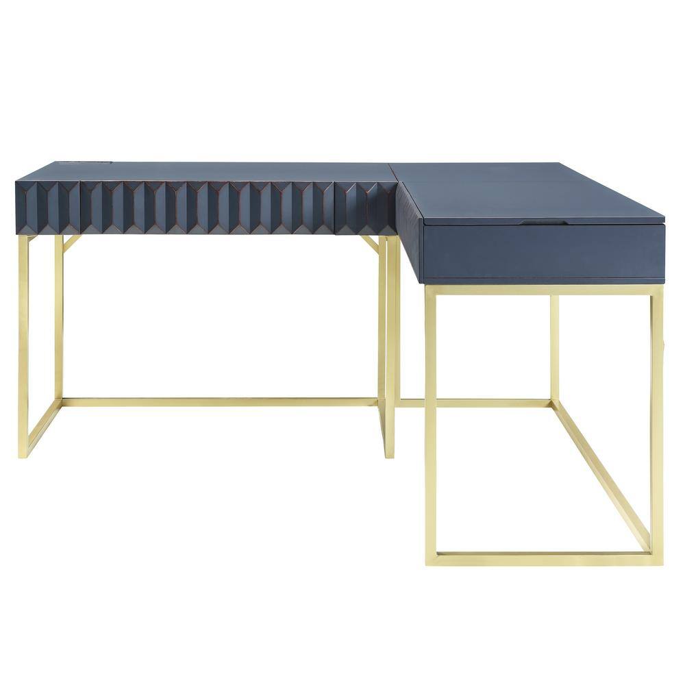 Furniture of America Gotheimer 56.75 in. L-Shaped Blue and Gold Writing Desk Set with Lift-Top IDF-DK406BL-SET