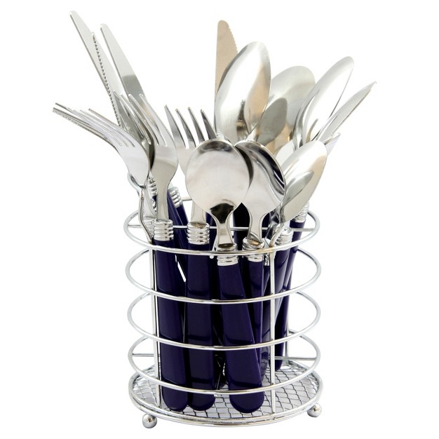 Gibson Sensations Ii 16 Piece Stainless Steel Flatware Set With Cobalt Handles And Chrome Caddy