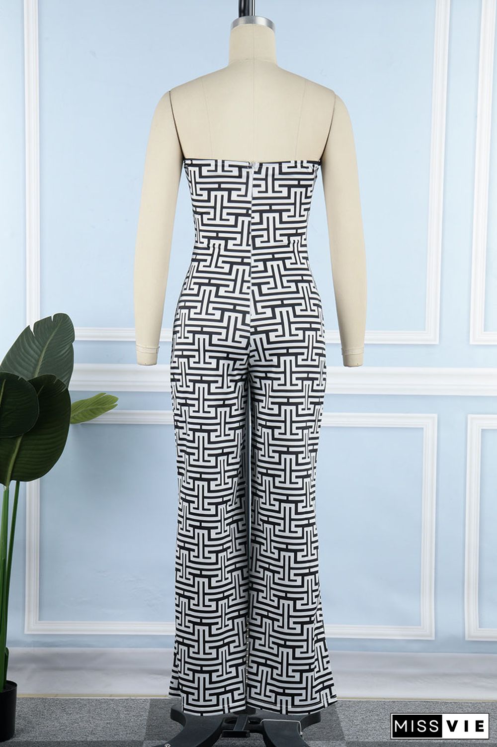 Black White Sexy Street Print Patchwork Strapless Straight Jumpsuits