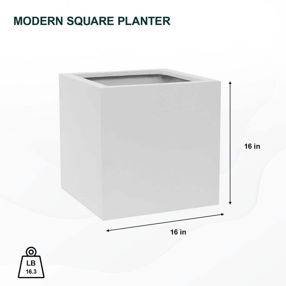 PotteryPots Block Medium 16 in. Tall Mat White Fiberstone Indoor Outdoor Modern Square Planter E1003-40-MW