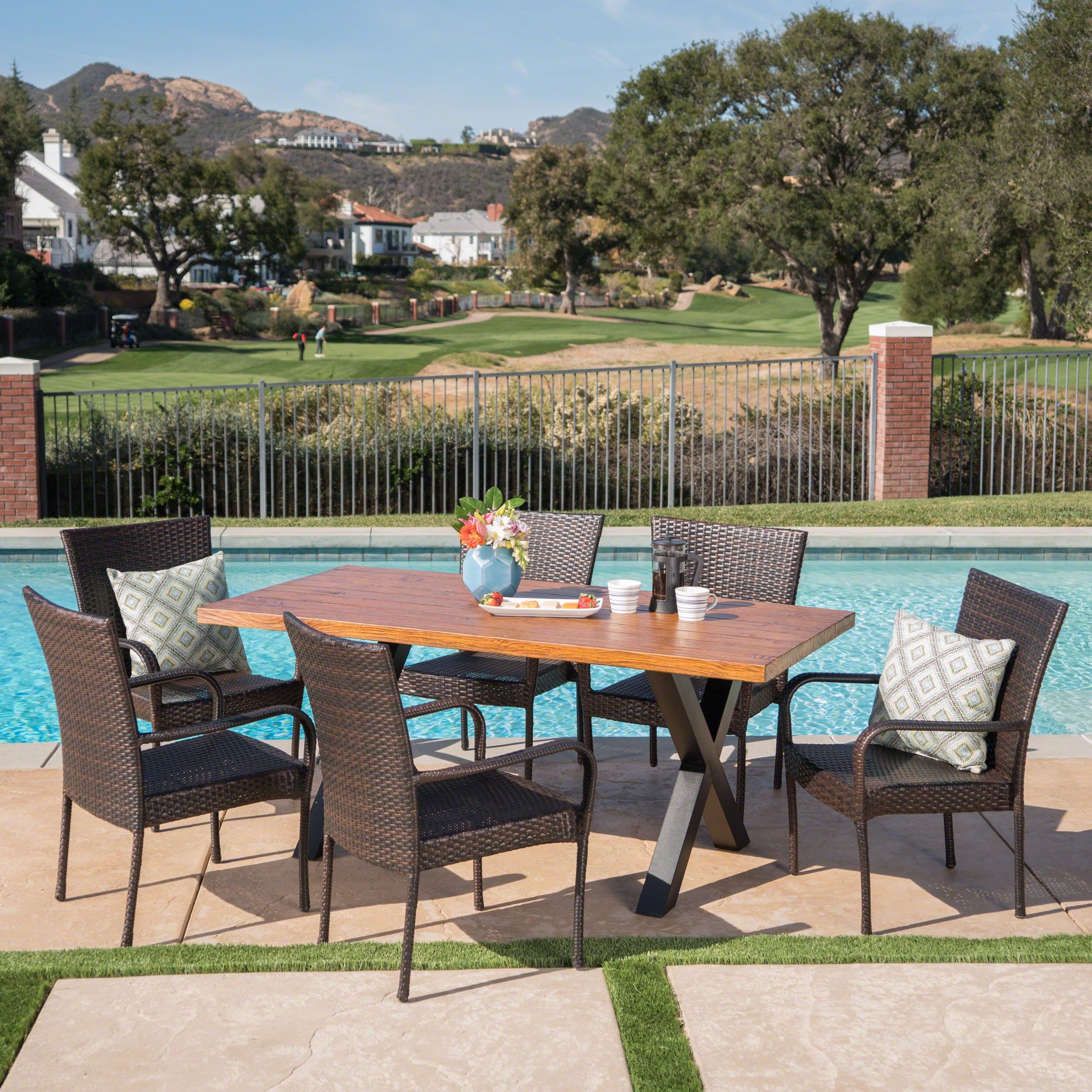 Amaryllis Outdoor 7 Piece Wicker Dining Set with Light Weight Concrete Table