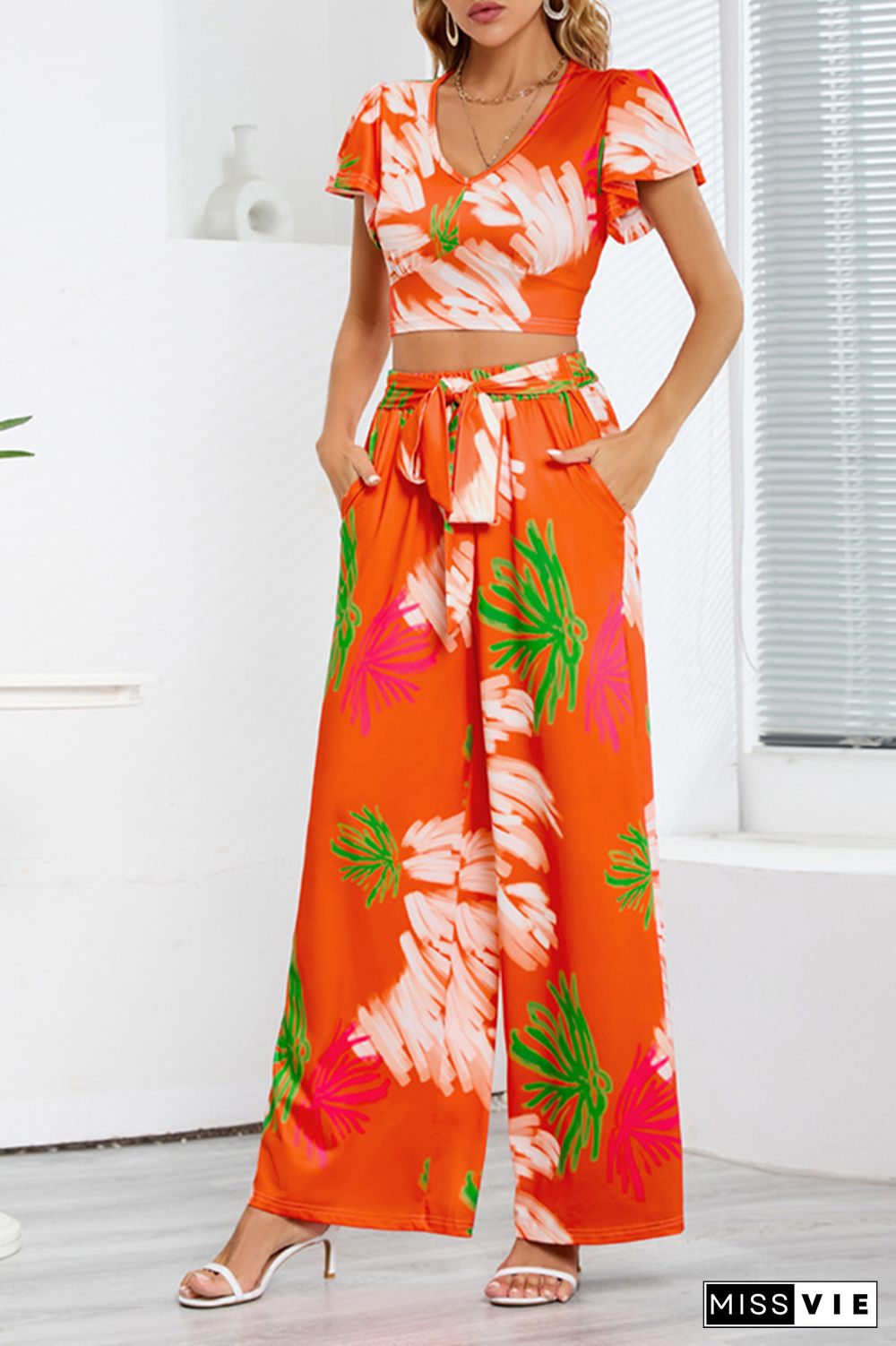 Leaf Print Crop Top and Wide Leg Pants Two Pieces Set