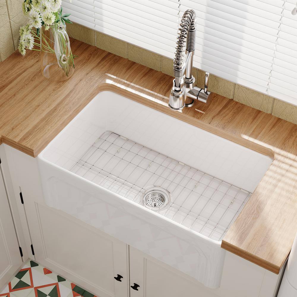 White Fireclay 30 in. Single Farmhouse Apron Kitchen Sink with Bottom Grid and Basket Strainer HKD-301810F-W