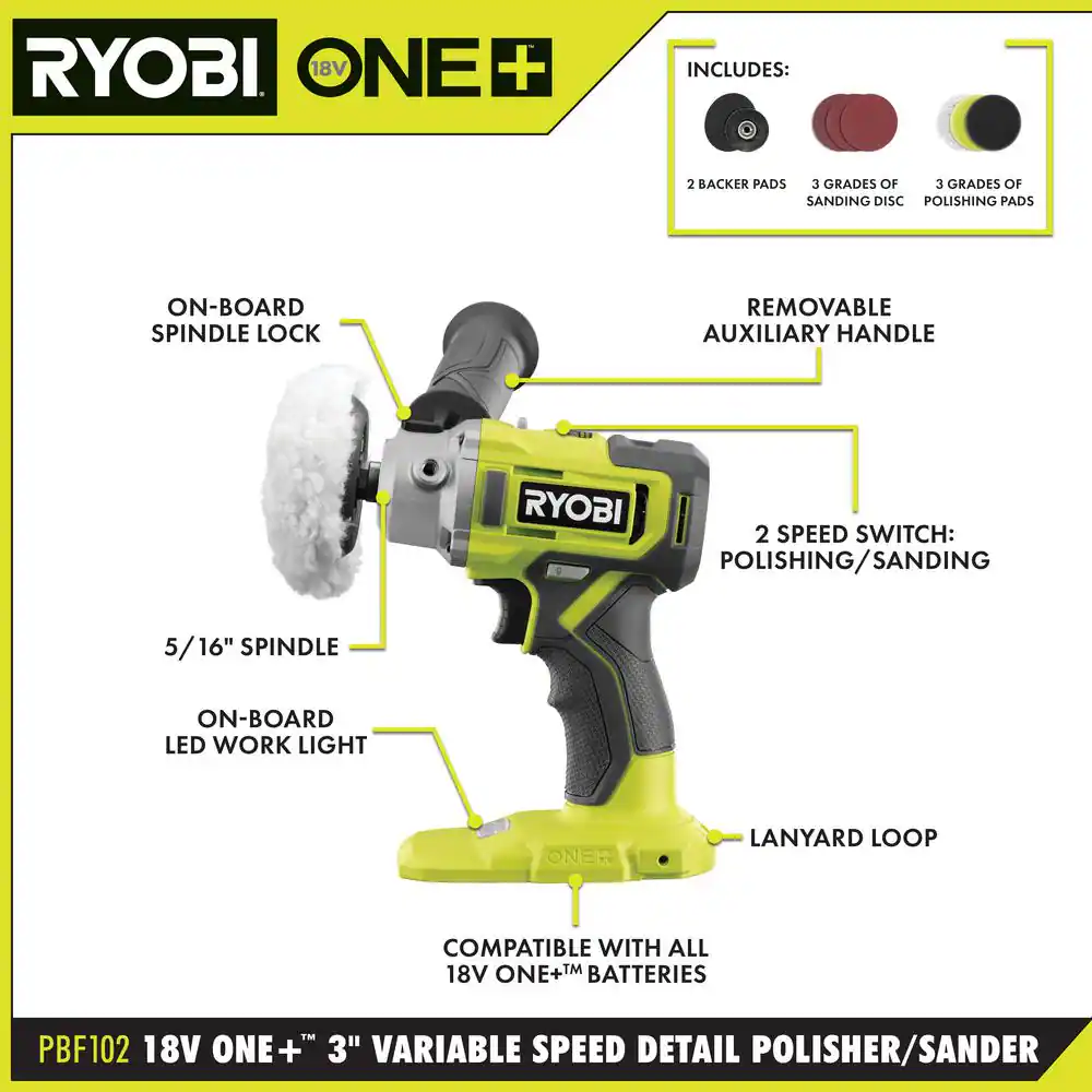 RYOBI PBF102B ONE+ 18V Cordless 3 in. Variable Speed Detail Polisher/Sander (Tool Only)