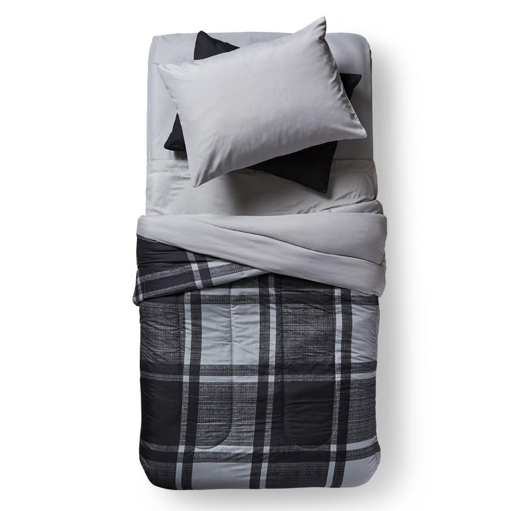 Dawn 7-Piece Twin Essentials in Wonderland Gray | Reversible Twin/Twin XL Comforter with Two Sheet Sets | Oversized Plaid in Black and Gray， Solid Gray and Solid Black Sheets