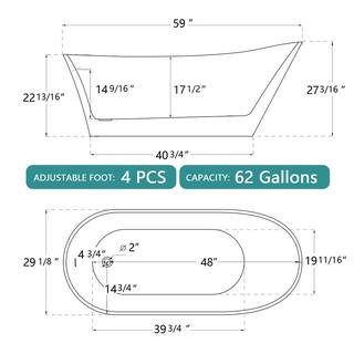 Zeafive 59 in. x 29.15 in. Acrylic Alone Soaking Tub Flatbottom Freestanding Bathtub with Anti-Clogging Drain in Glossy White Z32E9S59W