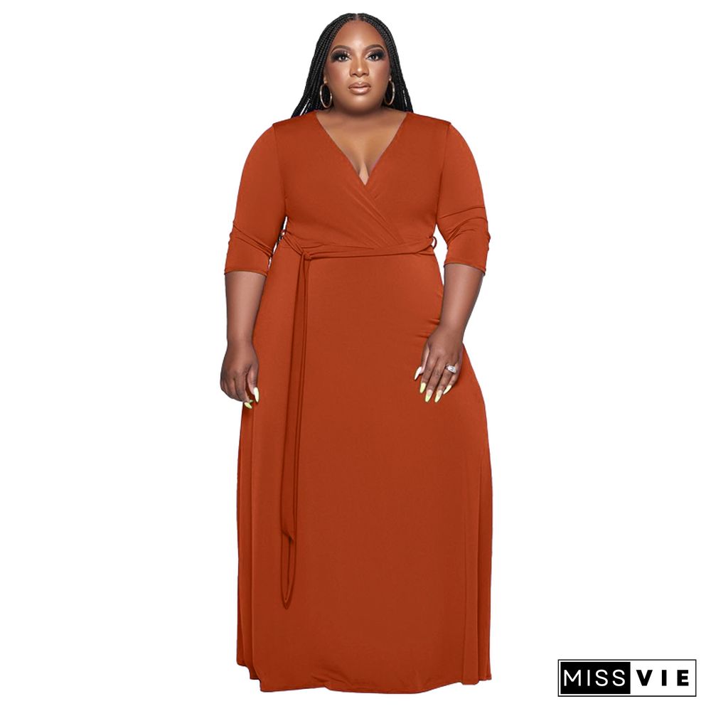 V Neck Sashes Loose Casual Plus Size Dresses