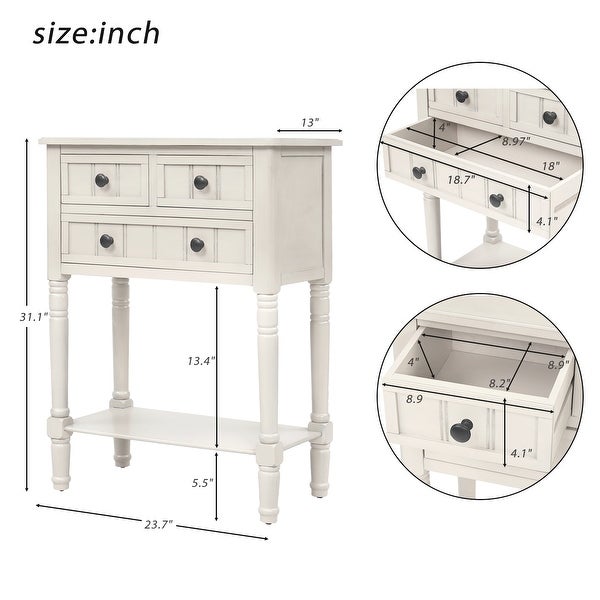 Narrow Console Table with 3 Storage Drawers and Black Round Deco Knobs， Slim Sofa Table with Bottom Shelf， Ivory