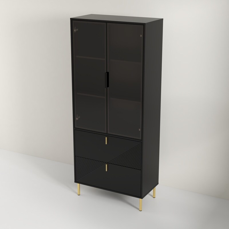 Wine Cabinet with Drawers and Doors  Black Gold High Wine Rack