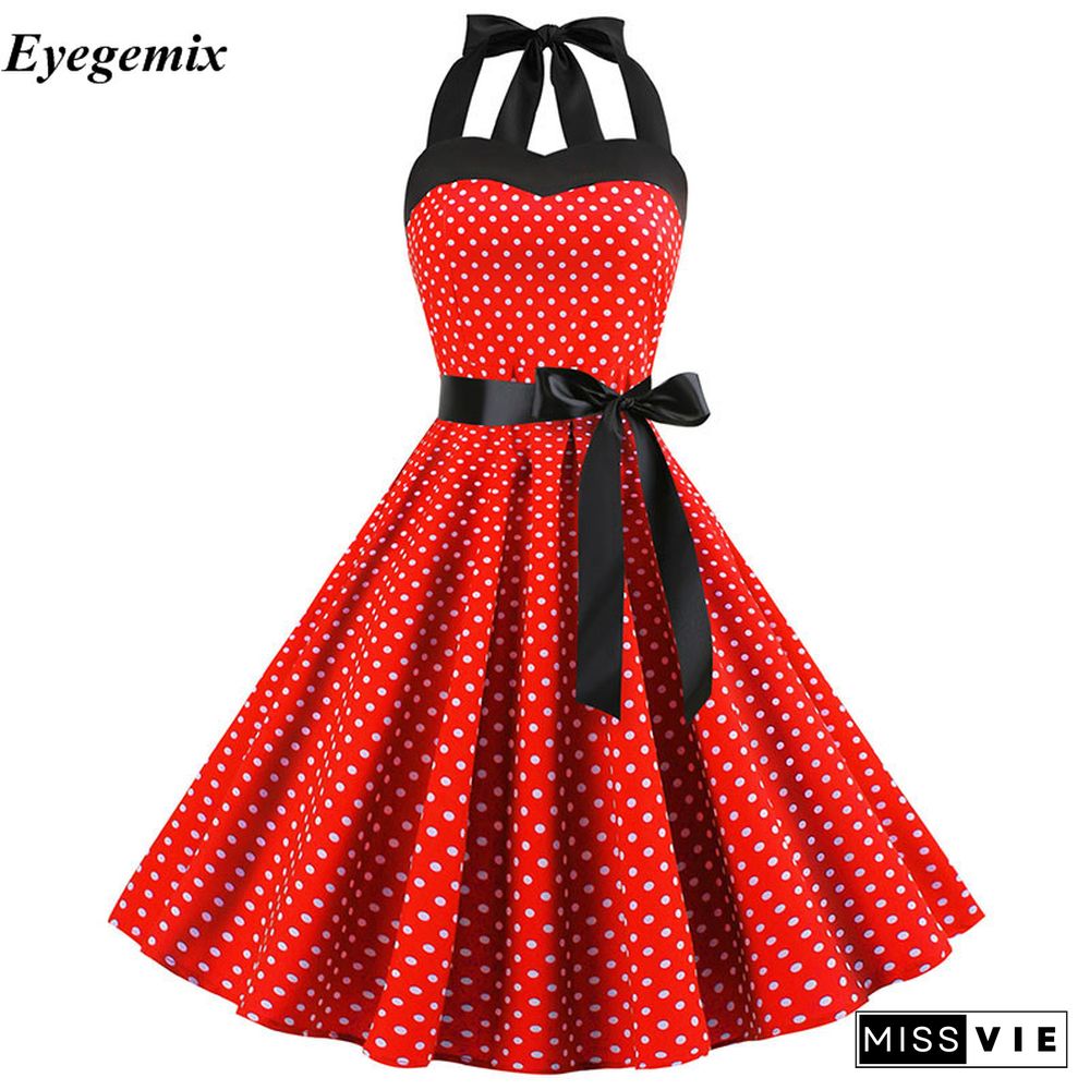 Women Polka Dot Print Summer Dress Sexy Retro White Black Halter Vintage Dress Robe Femme Pin Up 50S 60s Rockabilly Party Dress