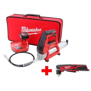 MW M12 12-Volt Lithium-Ion Cordless Grease Gun XC Kit with M12 Right Angle Drill 2446-21XC-2415-20