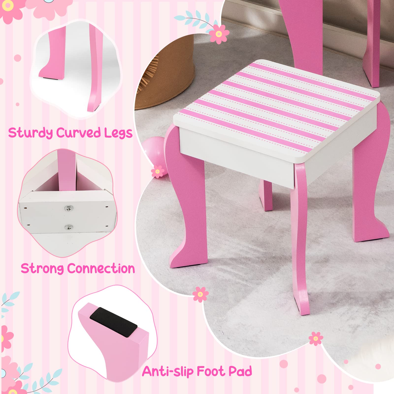 Costzon Kids Vanity, Girls Vanity Set with Mirror and Stool