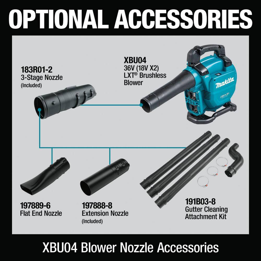 Makita 120 MPH 473 CFM 18V X2 (36V) LXT Lithium-Ion Brushless Cordless Leaf Blower Kit with Vacuum Attachment Kit (5.0 Ah) XBU04PTV