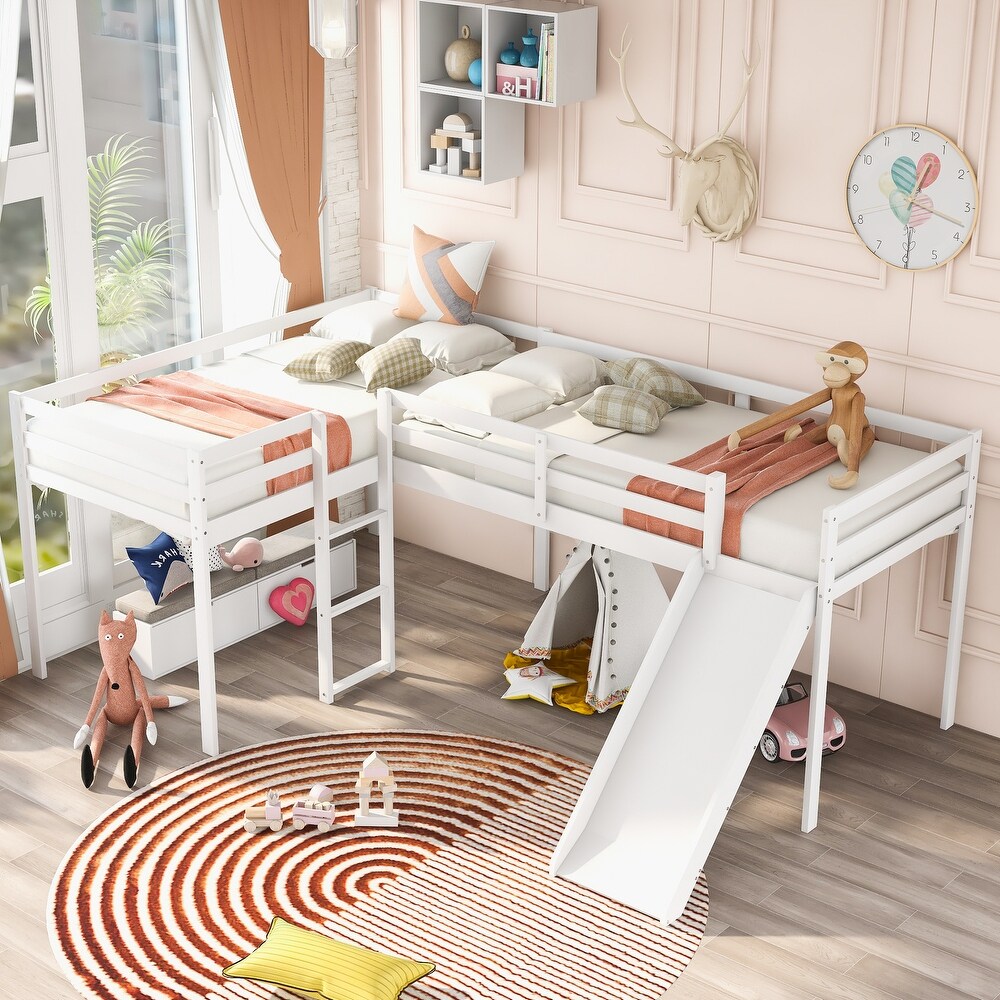 L Shaped Twin Size Loft Bed with Ladder and Slide  White