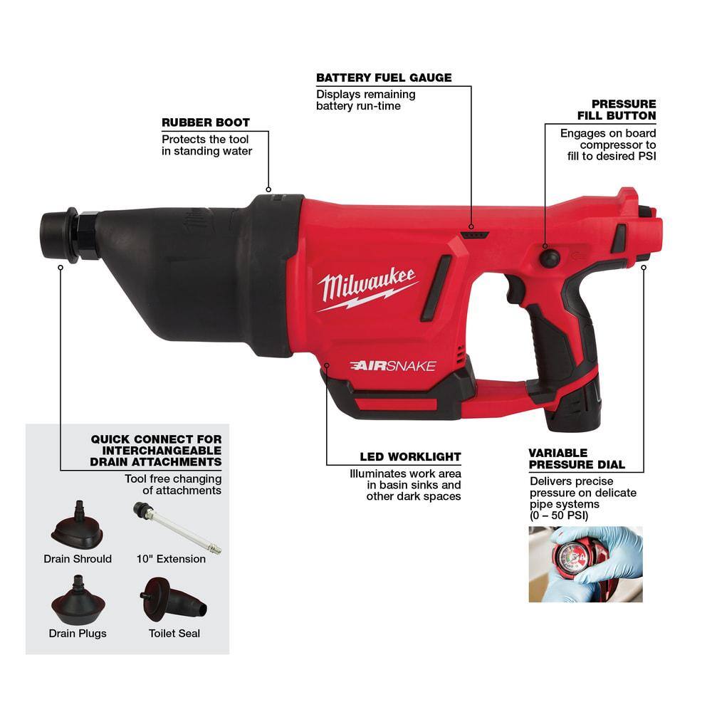 MW M12 12V Lithium-Ion Cordless Drain Cleaning Airsnake Air Gun Kit with 6.0 Ah Battery 2572B-21-48-11-2460