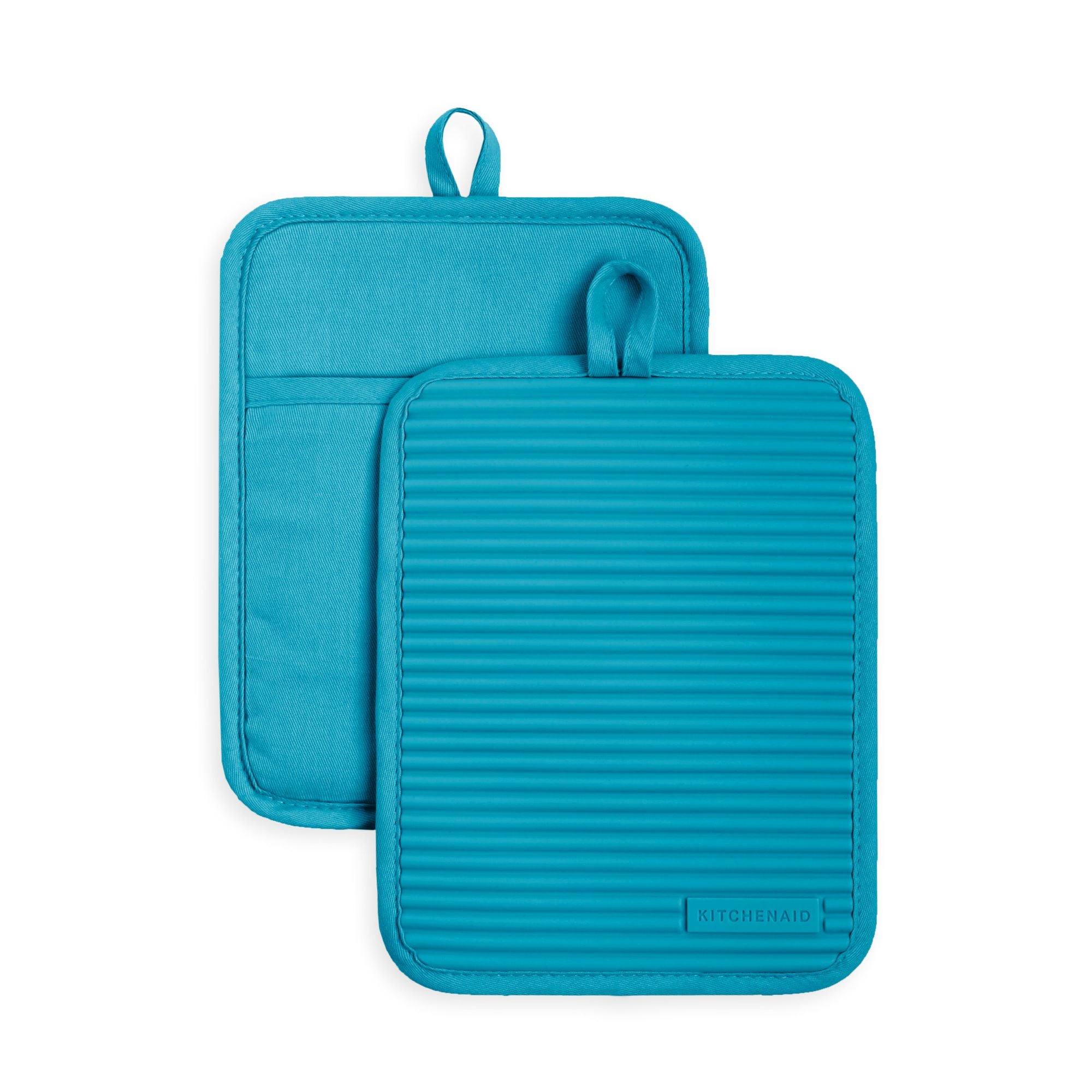 KitchenAid Ribbed Soft Silicone Pot Holder Set， Ocean Drive Blue， 7x9， Set of 2， Available in Multiple Colors