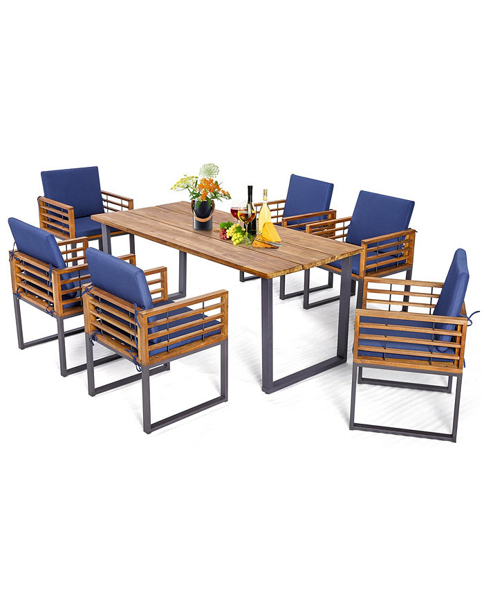 Costway 7pcs Patio Acacia Wood Dining Chair and Table Set Heavy-Duty Space-Saving Outdoor