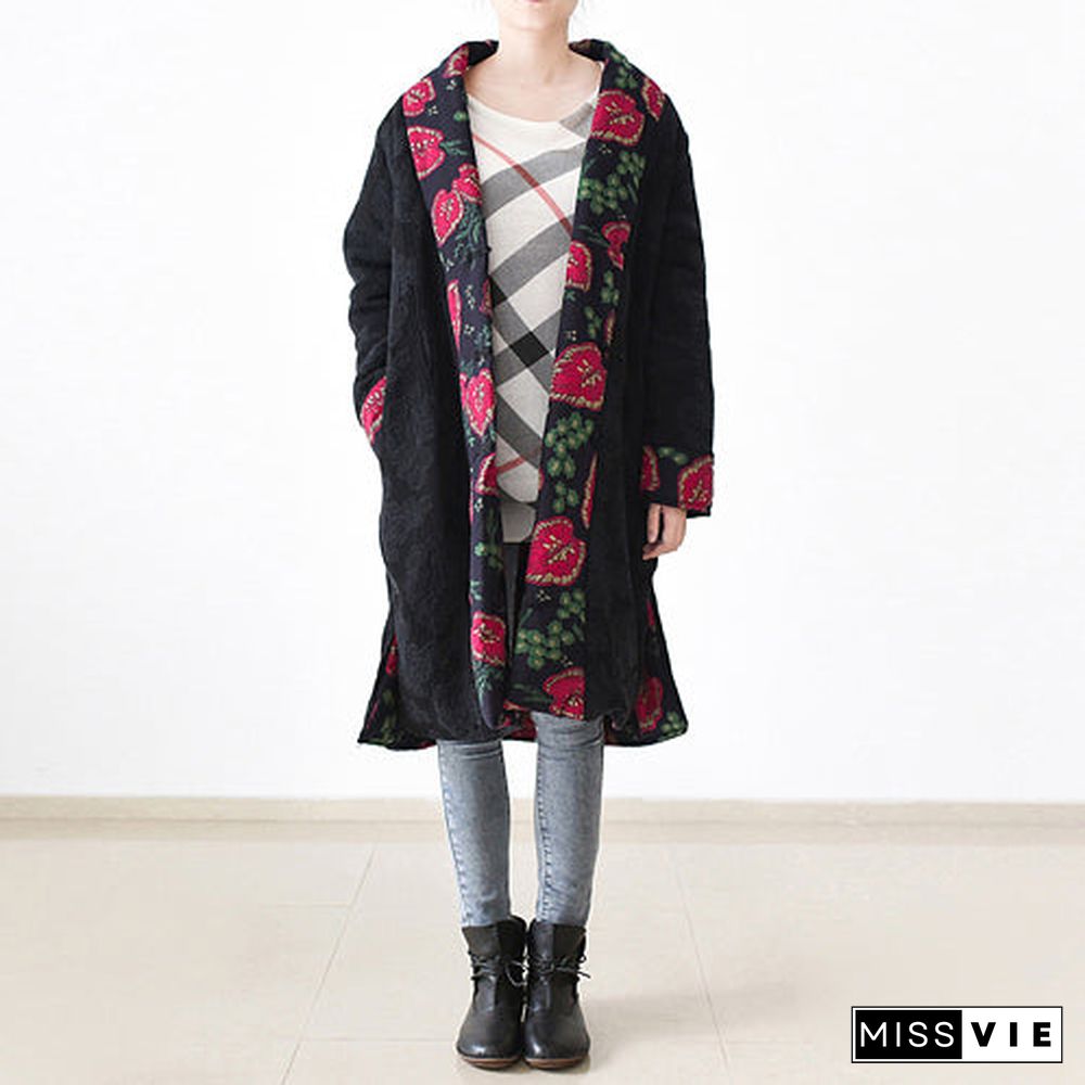 Casual black print Puffers Jackets Loose fitting patchwork down jacket women side open overcoat