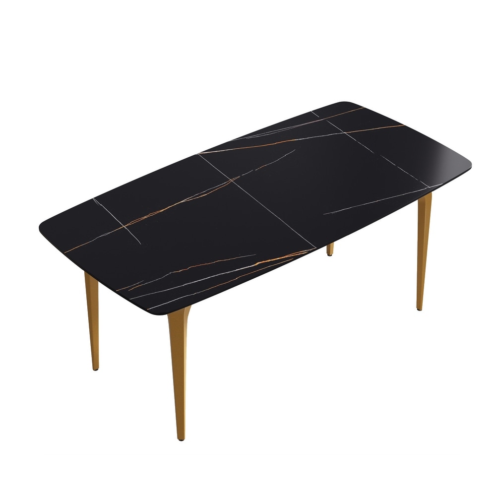 71'' Modern Rectangular Dining Table Sintered Stone Tabletop  Black Carbon Steel Legs