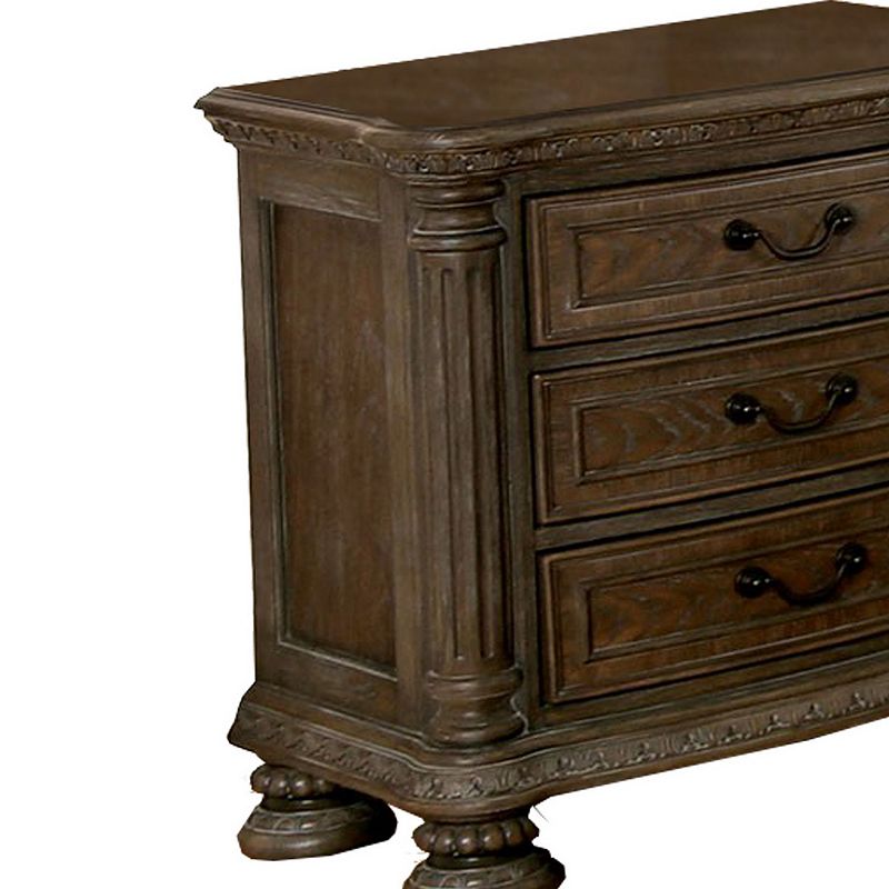 Wooden Nightstand with 3 Drawers and Intricate Carving Details， Brown