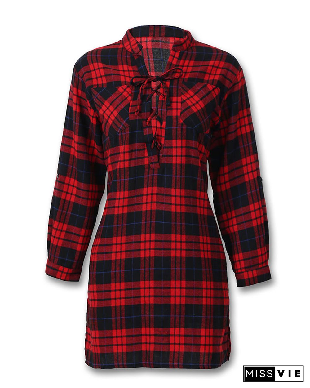 Plaid Lace-Up Side Slit Shirt Dress