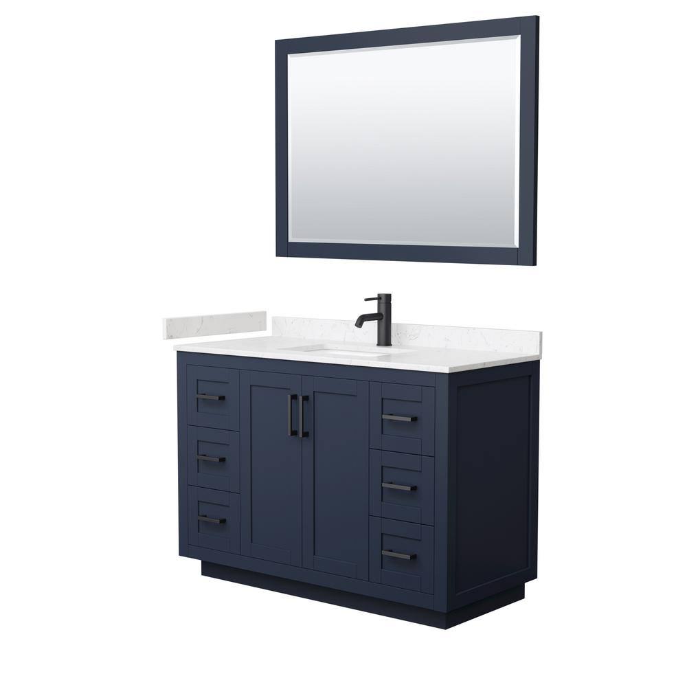 Wyndham Collection Miranda 48 in. W Single Bath Vanity in Dark Blue wCultured Marble Vanity Top in LV Carrara with White Basin and Mirror WCF292948SBBC2UNSM46