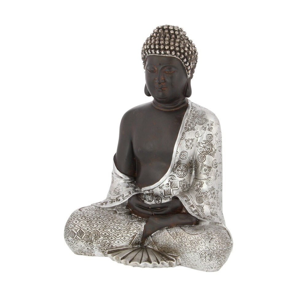 Silver Polystone Bohemian Buddha Sculpture with Engraved Carvings and Relief Detailing   9 x 5 x 11