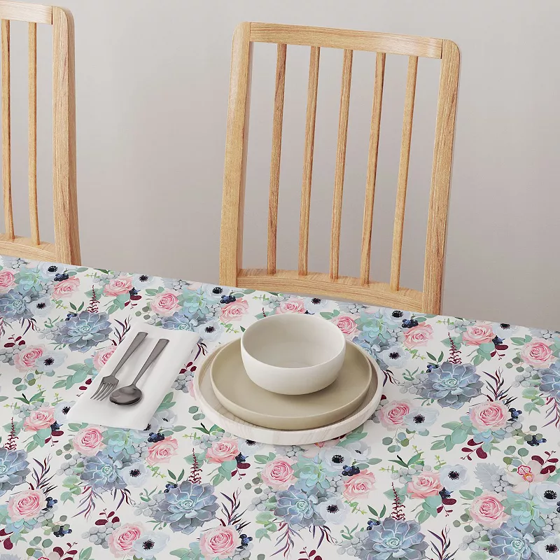 Round Tablecloth， 100% Polyester， 90 Round， Pink Roses and Succulents