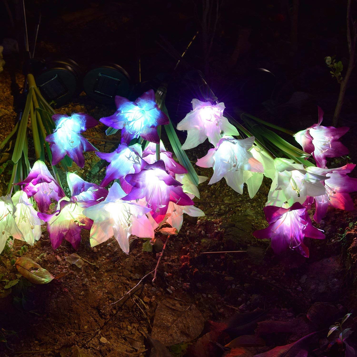 Outdoor Solar Garden Stake Lights - 2 Pack Solite Solar Powered Lights with 8 Lily Flower, Multi-color Changing LED Solar Stake Lights for Garden, Patio, Backyard (Purple and White)