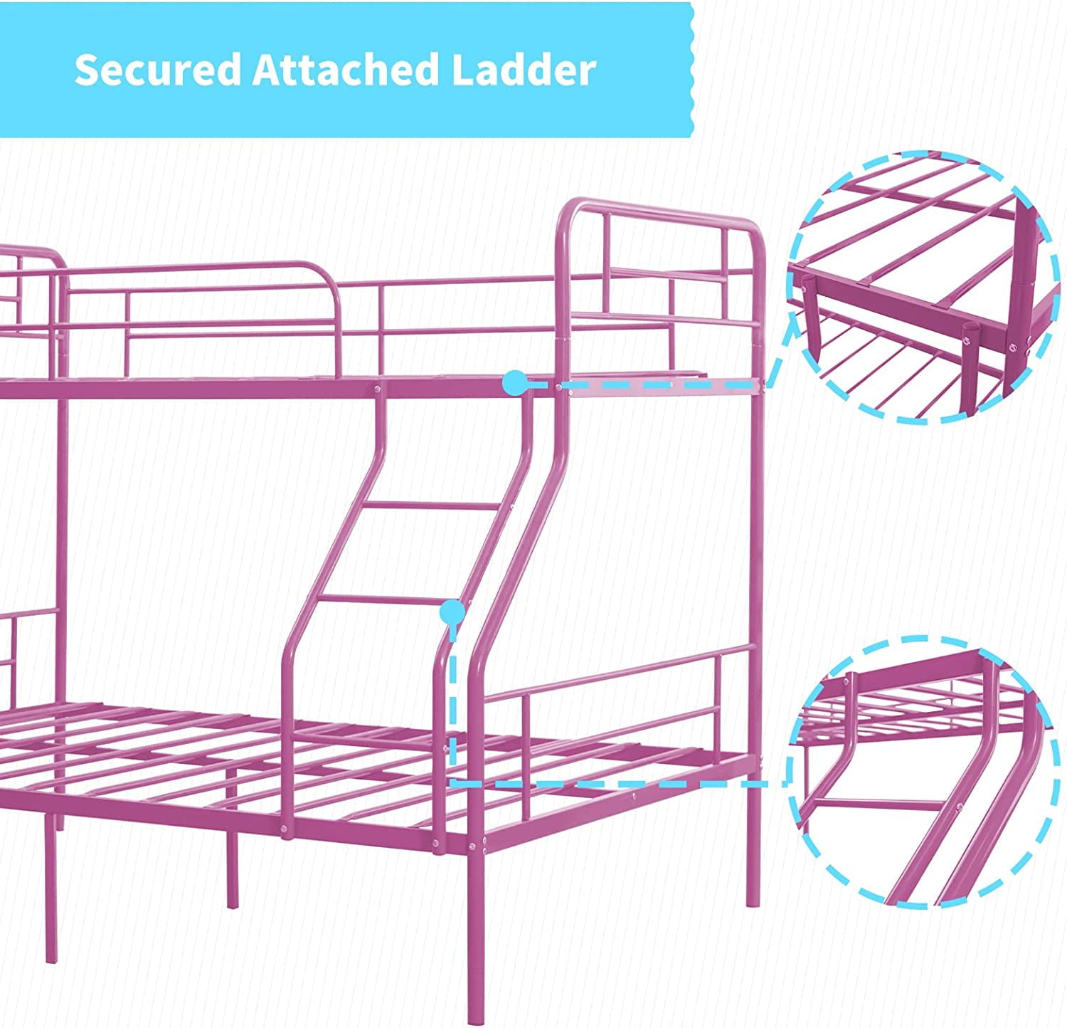 cuoote Twin Over Full Bunk Bed w/Ladder and Guardrail, Space-Saving Design, No Box Spring Needed, Pink