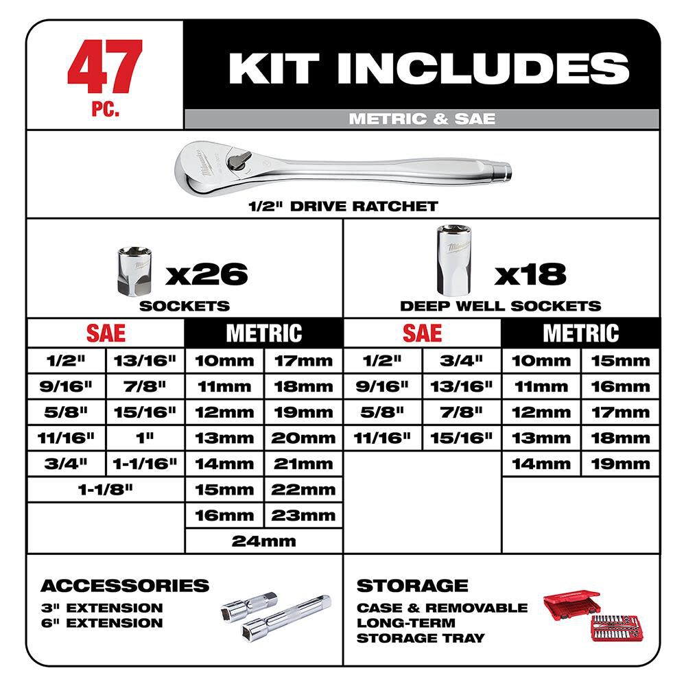 MW 47 pc. 1/2 in. Socket Wrench Set (SAE and Metric) 48-22-9010 from MW