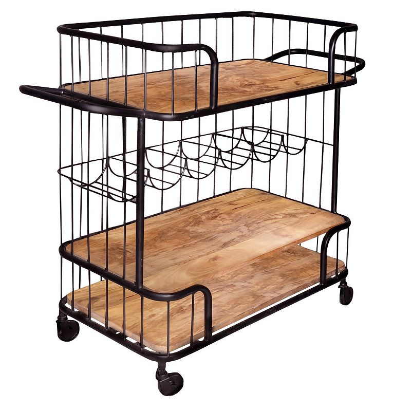 Metal Frame Bar Cart with Wooden Top and 2 Shelves， Black and Brown