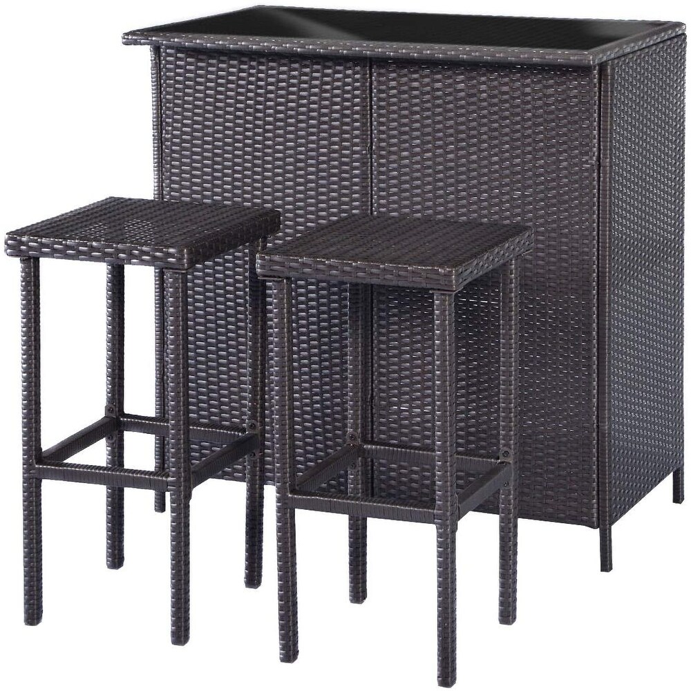 MCombo Patio Bar Set Wicker Outdoor Table and 2 Stools 3 Piece Furniture with Storage for Poolside Garden  6085 1201BK