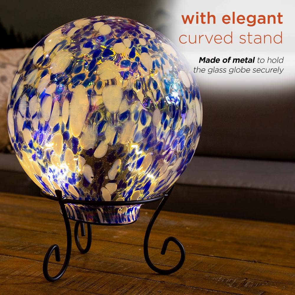 Alpine Corporation 8 in. Dia Indoor/Outdoor Glass Gazing Globe with LED Lights and Stand, Blue/White HGY308A-TM