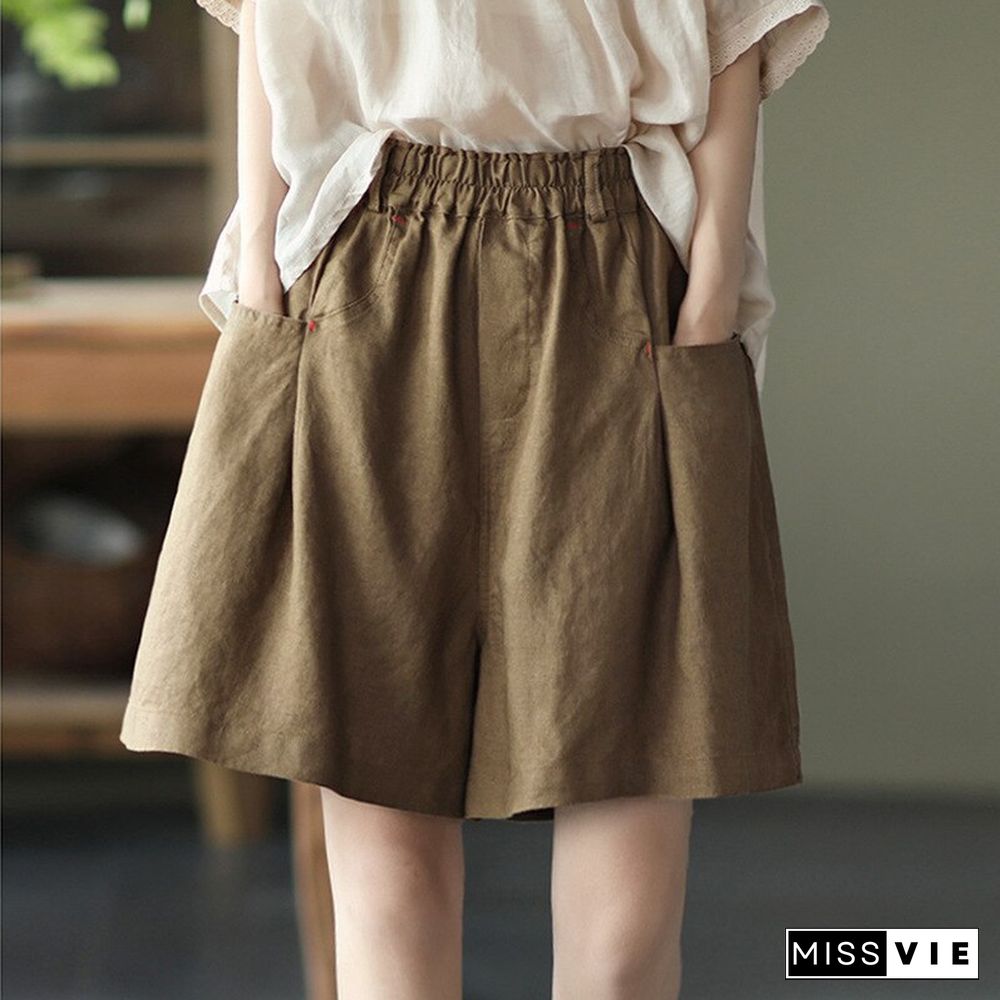 Summer New All-Match Pure Linen High Waist Shorts Elastic Waist Loose And Thin Wide-Leg Pants Casual Solid Color Shorts Woman